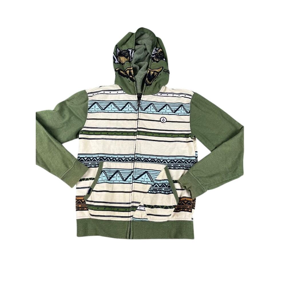 Volcom Women's Green Aztec Striped Full Zip Hoodie Jacket Size M